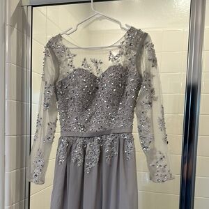 Elegant Silver Embellished Evening Dress